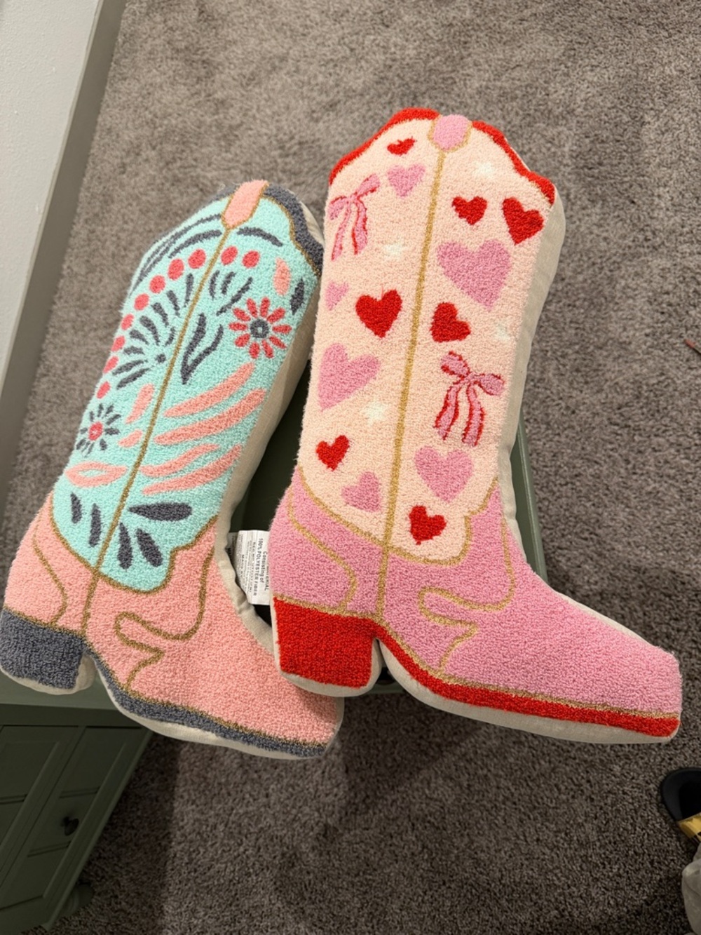 Playful Pink & Aqua Boot Slippers THROW PILLOWS - Heart & Floral Design 2pc
